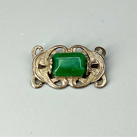 Vintage Art Nouveau Sterling Silver Pin Chrysoprase Stone - Picture 2 of 16